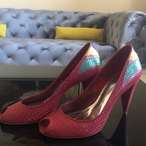 Vince Camuto Pink Peep-Toe Heels with Green and Gold Accents